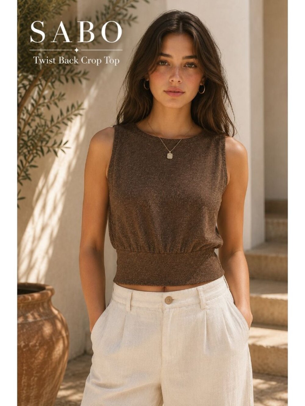 SABO Twist Back Crop Top L Brown Sleeveless Open Back Cutout Australia